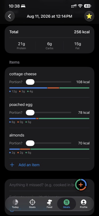 A meal's items, each with a portion slider and its own macros