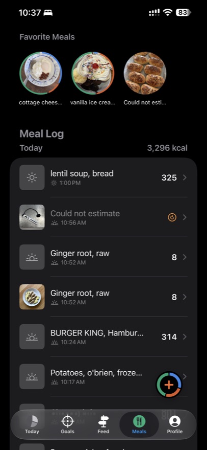 The meal log, with favorites along the top