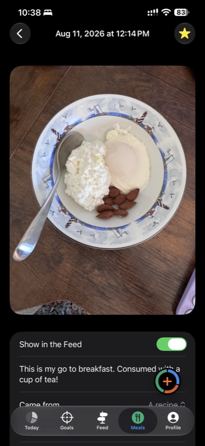 A photographed meal, with a switch for sharing it to the Feed